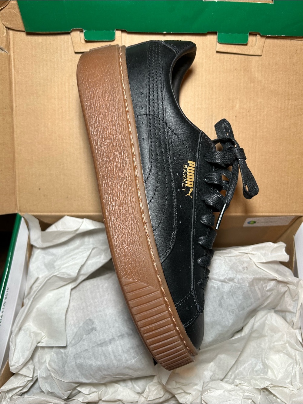 Puma Basket Platform Sneaker in Black with Brown Gum Sole